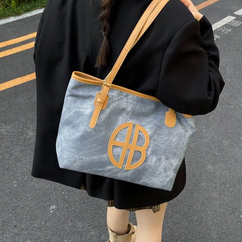 Bolso Tote de Lona y Cuero PU para Mujer Gran Capacidad Minimalista Urbano Bolso de Hombro Vintage Costuras Contraste de Color