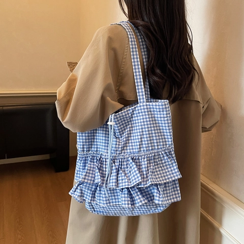 Mode Femmes Gingham Toile Grand Sac Doux Volant Cordon de Serrage Sac à Épaule Grande Capacité Quotidien Casual Sac à Carreaux