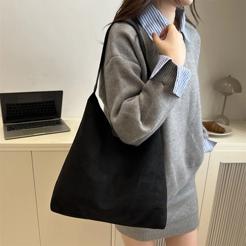 Bolso Tote de Gran Capacidad de Tejido de Gamuza para Mujer Minimalista Vintage Bolso de Hombro Color Sólido Otoño Invierno