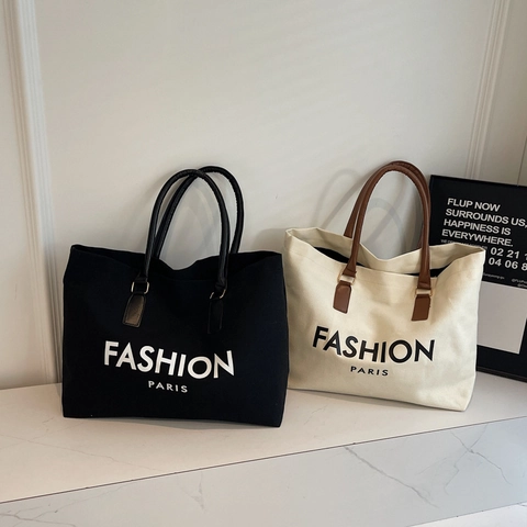 Bolso Tote de Lona Con Estampado de Letras Fashion Paris Gran Capacidad Mujer Bolso de Hombro Casual Con Asas de Contraste