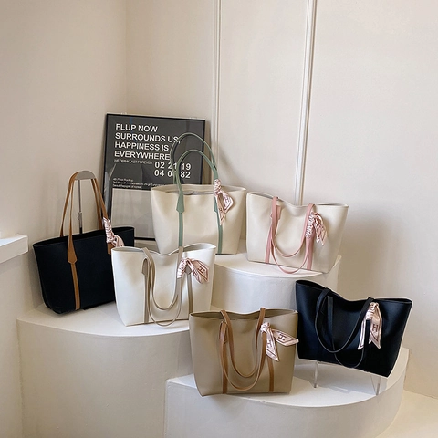 Fashion PU Leather Large Capacity Tote Bag For Women Minimalist Commuting Shoulder Bag With Decorative Scarf Handle Handbag