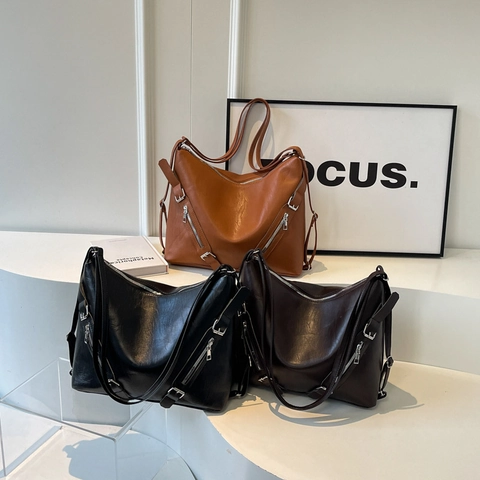 Women Large Capacity Retro PU Leather Tote Bag Fashion Commuting Shoulder Bag With Multi Zipper Silver Hardware Solid Color