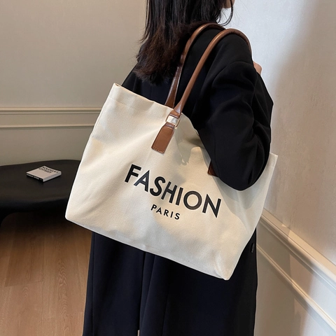 Bolso Tote de Lona Con Estampado de Letras Fashion Paris Gran Capacidad Mujer Bolso de Hombro Casual Con Asas de Contraste