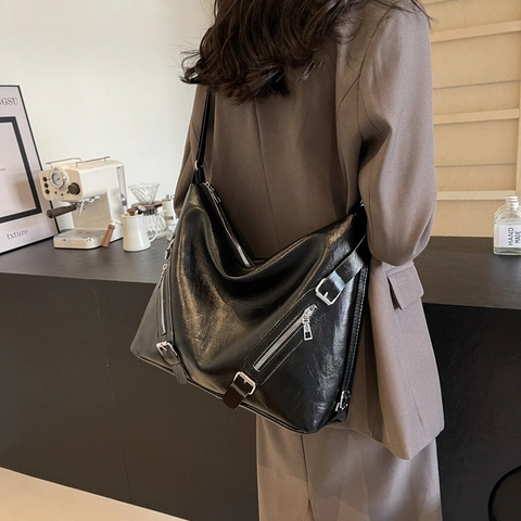Borsa a Tracolla Donna Grande Capacità in Pelle PU Elegante Borsa Tote Con Decoro Cerniera Argento Borsa Hobo per Pendolare