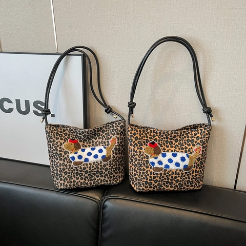 Borsa a Secchiello da Donna Retrò con Stampa Leopardata Borsa a Tracolla in Nylon con Ricamo a Bassotto Borsa Casual