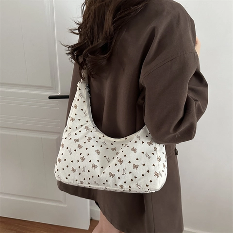 Γυναικεία Vintage Κοτλέ Τσάντα Ώμου Τσάντα Tote με Στάμπα Καρδιά και Φιόγκο Μεγάλη Χωρητικότητα Ιμάντας με Σούρες Μόδα Τσάντα