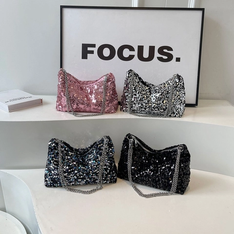 Borsa a Spalla con Paillettes Lucide da Donna Borsa Sottobraccio Hobo Metallizzata con Tracolla a Catena Borsa a Cuscino Moda