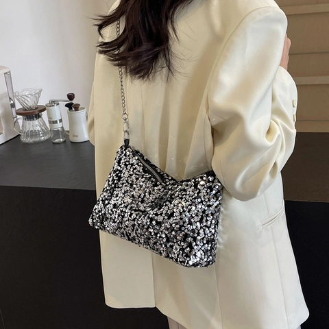Borsa a Spalla con Paillettes Lucide da Donna Borsa Sottobraccio Hobo Metallizzata con Tracolla a Catena Borsa a Cuscino Moda