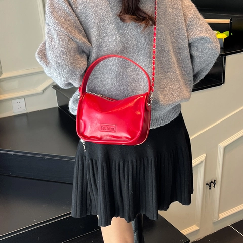 Bolso Cuadrado Pequeño de Cuero PU Brillante para Mujer Moda Cadena Hombro Bolso Bandolera Minimalista Color Sólido Diario