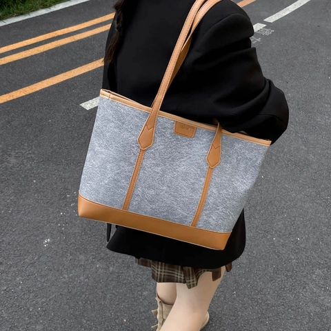 Damen Mode Tragetasche Kunstleder Großes Fassungsvermögen Kontrastfarbe Umhängetasche Für Büro Alltag Street Style Tasche