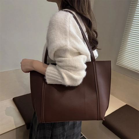 Borsa Tote in Pelle PU Grande Capacità Minimalista Con Pochette Interna Borsa a Tracolla Retro per Donna Lavoro Quotidiano
