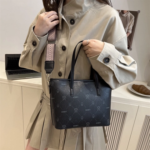 Damen Fashion PU Leder Eimertasche Monogramm Buchstabendruck Cartoon Tier Umhängetasche Mit Abnehmbarem Breitem Gewebtem Gurt Casual Tote