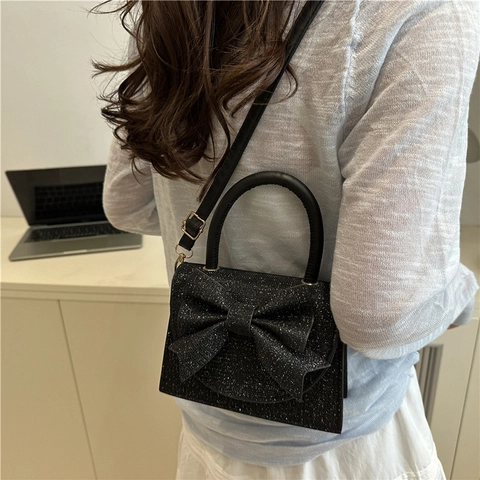 Petit Sac Carré de Mode pour Femmes Paillettes Pailleté Grand Nœud Sac à Main Tendance Doux Sac à Bandoulière de Soirée