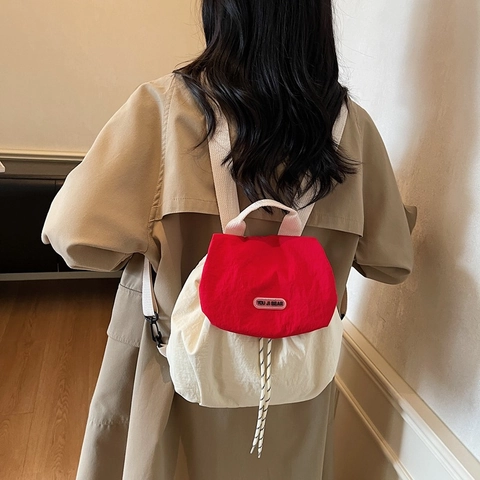 Mochila de Nailon Estilo Coreano para Mujer Ligera Casual Bloque de Color con Cordón Mini Mochila para Viaje Diario Moda