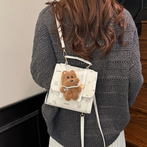Vintage PU Leather Small Backpack For Women Cute Cartoon Printed School Bag With Plush Bear Pendant Fashion Casual Daily Travel Daypack