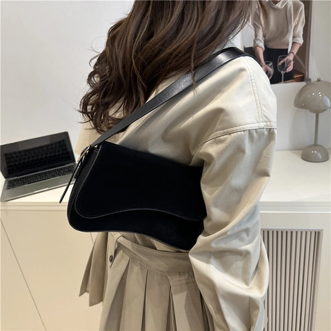 Vintage French Underarm Shoulder Bag For Women Faux Suede Small Square Handbag Retro Matte Synthetic Leather Purse Chic Bag