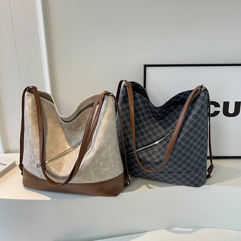 Borsa Tote Grande Capacità Donna Pelle PU Retrò Cuciture a Contrasto Motivo Geometrico Borsa a Spalla Casual Pendolare
