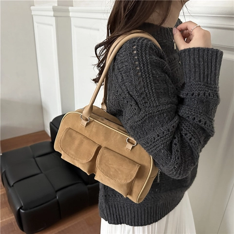 Damen Vintage Wildleder Achseltasche Schultertasche Frosted Mikrofaser Steppnaht Retro Street Style Mode Handtasche