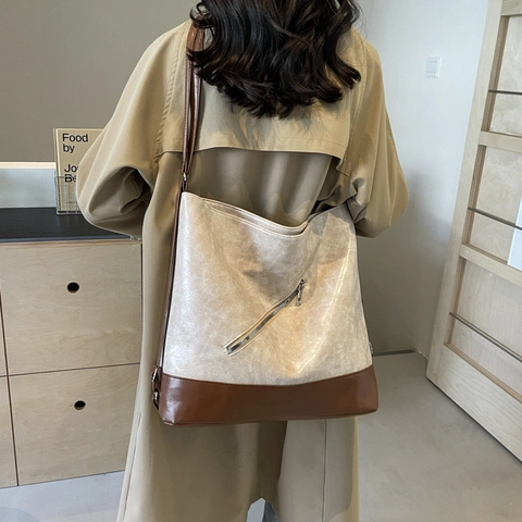 Borsa Tote Grande Capacità Donna Pelle PU Retrò Cuciture a Contrasto Motivo Geometrico Borsa a Spalla Casual Pendolare