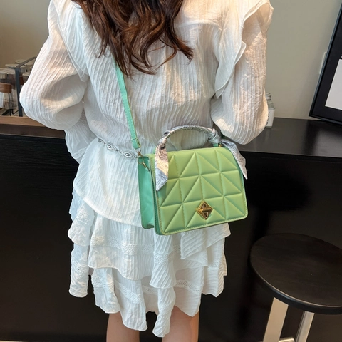 Women's PU Leather Small Square Shoulder Bag Scarf Wrap Handle Geometrical Quilting Crossbody Bag Daily Use