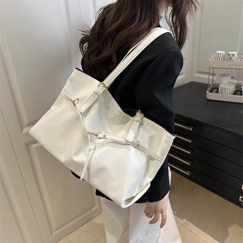 Retro PU Leder Tote Bag Mit Großer Kapazität Für Damen Glänzende Umhängetasche Mit Ziernaht Alltag Mode Handtasche
