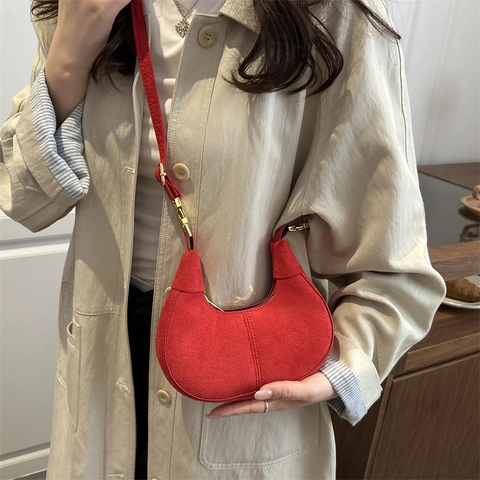 Bolso de Hombro Vintage de Gamuza Sintética Medialuna para Mujer Bolso Hobo Retro de Color Sólido con Correa Ajustable
