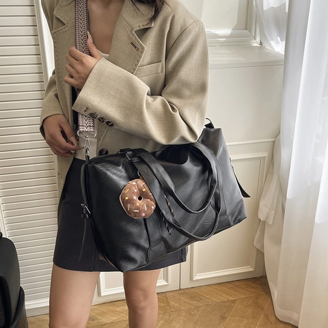 Sac Fourre-tout Vintage en Cuir PU de Grande Capacité pour Femmes Sac à Bandoulière Rétro avec Sangle Large Géométrique Donut