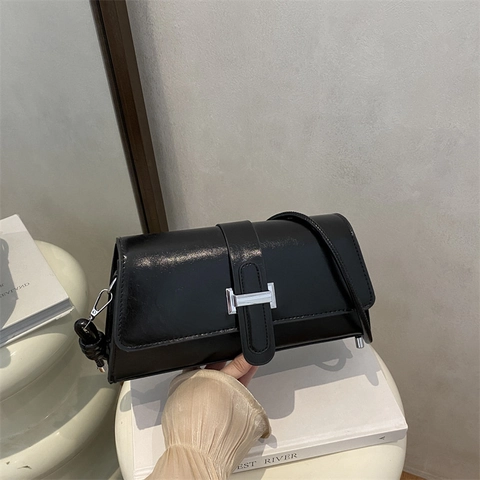 Borsa a Tracolla Minimalista Retrò Francese in Pelle PU Lucida per Donna Borsa Sottobraccio con Fibbia a H e Nodo Moda