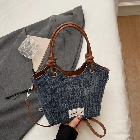 Borsa a Tracolla Retro in Denim per Donna Con Manico in Pelle PU a Nodo Borsa a Spalla Moda Pendolare Tote Bucket Bag Versatile