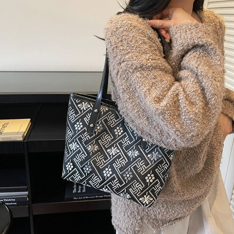 Borsa Tote Jacquard in Nuovo Stile Cinese Grande Capacità Etnica Geometrica Floreale Donna Casual in Tessuto a Spalla Retro