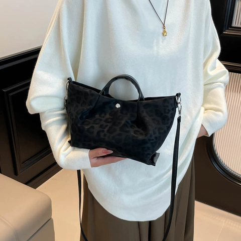 Retro Leopardenmuster Tragetasche Für Damen Wildleder Textur Umhängetasche Hohe Kapazität Freizeit Mode Täglich Handtasche