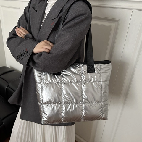 Moda Donna Borsa Tote Trapuntata Puffer Borsa a Spalla in Nylon Metallico Con Tasca Interna Grande Capacità Pendolare