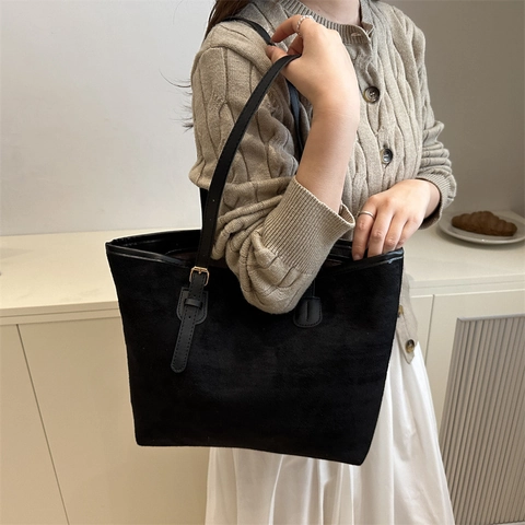Women Suede Look Large Capacity Tote Bag Minimalist Shoulder Bag Solid Color Casual Handbag With Metal Buckle Commuting Bag