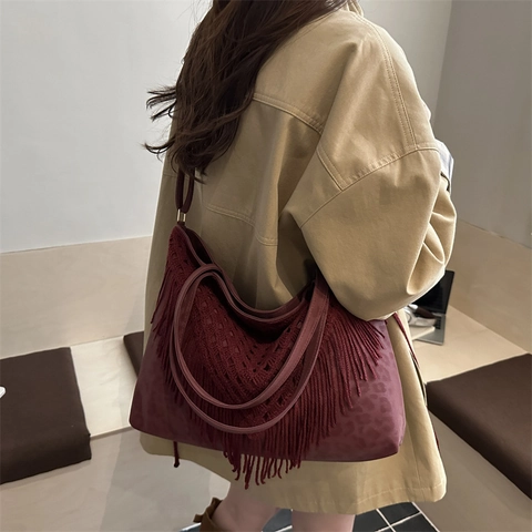 Borsa Tote Boema all'Uncinetto con Frange per Donna Borsa a Tracolla in Pelle Scamosciata Grande Capacità Borsa Vintage con Nappine e Stampa Leopardata