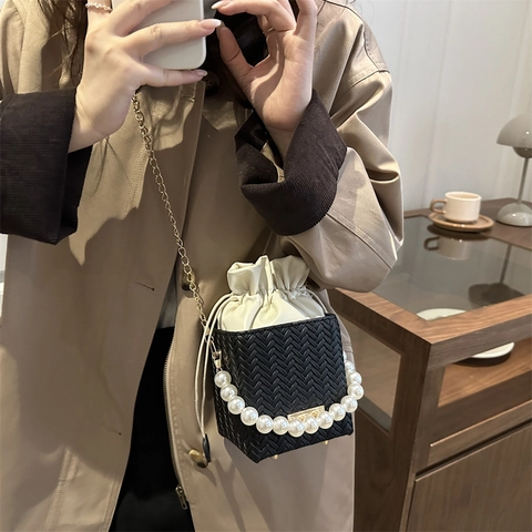 Woven PU Leather Mini Bucket Bag With Artificial Pearl Handle Metal Chain Shoulder Crossbody Square Bag For Women Gift