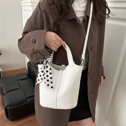 Bolso de Cubo de Cuero PU Vintage para Mujer Bolso de Hombro con Asa de Pañuelo de Moda Bolso de Mano de Color Sólido