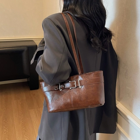 Damen Retro PU Leder Achseltasche Minimalistische Gürtelschnalle Schultertasche Mode Einfarbig Tote Handtasche Für Den Alltag