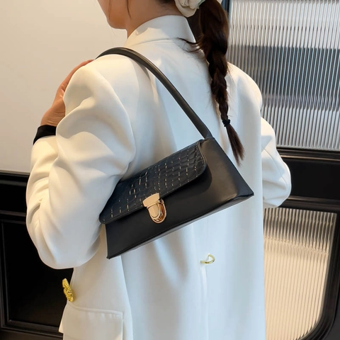 Retro Krokodillenreliëf Klap Baguettetas Voor Dames PU Leer Mode Schoudertas Onderarmtas Met Metalen Gesp Handtas