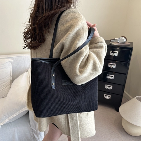 Borsa Tote in Velluto a Coste Donna Grande Capacità Borsa a Spalla Casual Rétro Con Manico in Pelle Artificiale Cuciture