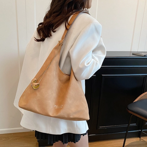Bolso Tote de Gran Capacidad para Mujer Minimalista de Cuero PU Hobo Bolso de Hombro Moda Callejera Rétro Color Sólido