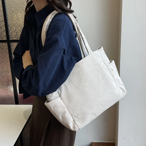 Minimalist Corduroy Tote Bag Large Capacity Solid Color Shoulder Bag For Women School Commute Casual Tote Side Pockets