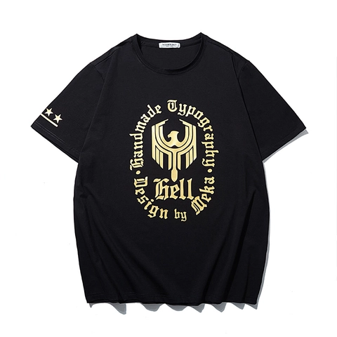 T-Shirt en Coton de Grande Taille pour Hommes Impression Aigle en Feuille d'Or Manches Courtes Col Rond Streetwear