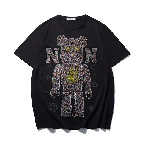 Herren Plus Size Strass Bär T-Shirt Sommer Locker Baumwolle Kurzarm Grafik Tee Streetwear Hip Hop Casual Schwarz Top