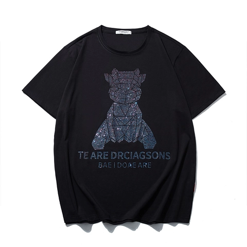 Herren Übergröße Baumwollmischung T-Shirt Strass Geometrisches Bärenmuster Kurzarm Locker Lässig Streetwear Top
