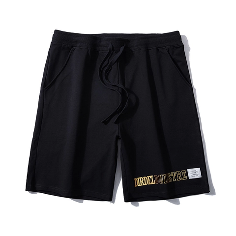 Pantaloncini Sportivi da Uomo Taglie Forti in Misto Cotone Vestibilità Ampia con Coulisse e Stampa di Lettere Oro Nero