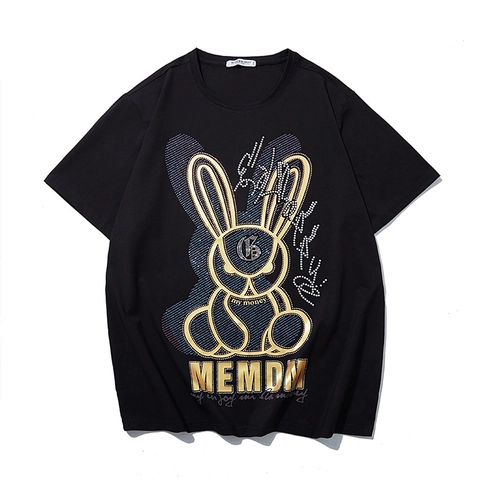 Men Plus Size Cotton T-Shirt Rhinestone Rabbit Graphic Loose Short Sleeve Streetwear Summer Black Casual Tee Top MEMDM