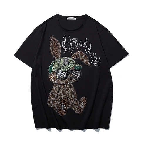 Men's Plus Size Rhinestone Bunny T-Shirt Loose Fit Cotton Short Sleeve Streetwear Graphic Tee Black White Top XL-12XL
