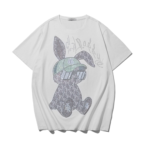 Men's Plus Size Rhinestone Bunny T-Shirt Loose Fit Cotton Short Sleeve Streetwear Graphic Tee Black White Top XL-12XL