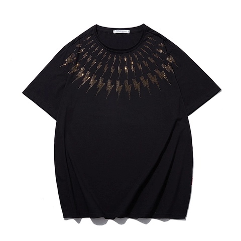 Maglietta da Uomo Taglie Forti in Cotone con Stampa Fulmine in Strass Streetwear Casual a Maniche Corte Nero