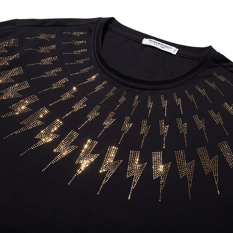 Men Plus Size Rhinestone Lightning Print Cotton T-Shirt Streetwear Casual Short Sleeve Summer Loose Top Black